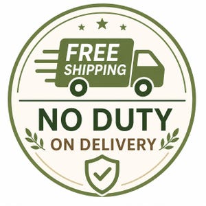 May include: A circular green and cream-colored graphic with the words "FREE SHIPPING" above a green truck illustration. Below, it reads "NO DUTY ON DELIVERY" with a shield icon.
