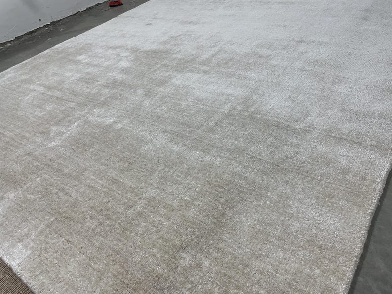 May include: A large rectangular area rug featuring a dense, low-pile texture in a neutral light gray and off-white color palette. The surface displays subtle tonal variations and a soft, uniform appearance across the entire expanse of the floor covering.