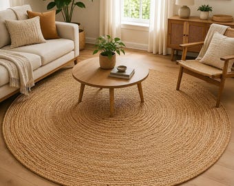 Handmade Round Jute Rug, Natural Fiber Braided Boho Area Rug, Farmhouse Entryway Carpet, Rustic Living Room Floor Decor