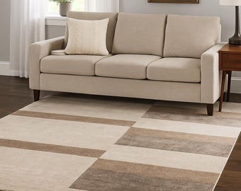 Modern Geometric Handloom Bamboo Silk Rug – 9x12 Beige Brown Carpet