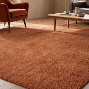 May include: A large, rectangular rust-colored rug with a textured surface dominates the foreground. The rug is placed on a wooden floor, and a matching smaller rug is visible in the background. The room features a chair and a coffee table.
