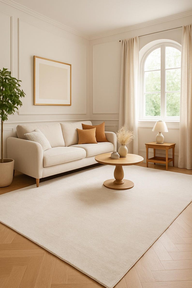May include: A cream-colored sofa with two orange and one white throw pillow, a round wooden coffee table with a vase, a small wooden side table with a lamp, a potted plant, and a large cream area rug on a light wood herringbone floor.