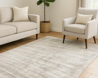 Grey Tip Shear Silk Rug – Handloom Modern Area Carpet – Soft Minimalist Living Room Decor