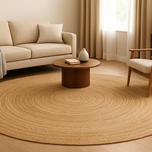 K&ouml;nnte beinhalten: Ein Wohnzimmer mit einem gro&szlig;en, runden Teppich aus Jute. Das Design des Teppichs mit konzentrischen Kreisen ist ein Blickfang. Ein beiges Sofa, ein Holzstuhl und ein Couchtisch erg&auml;nzen die Szene.