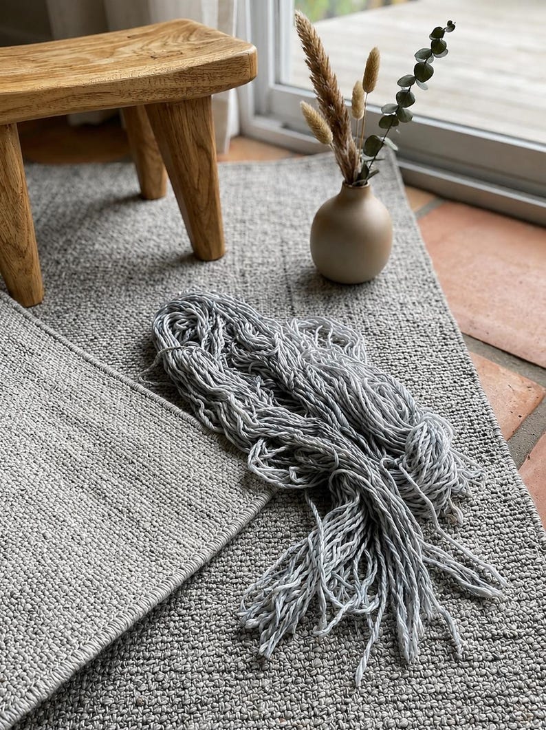 May include: A neutral-toned interior scene featuring a small wooden stool, a beige vase with dried plants, and a gray rug. A bundle of gray yarn rests on the rug, suggesting a craft or textile theme. The setting is illuminated by natural light.