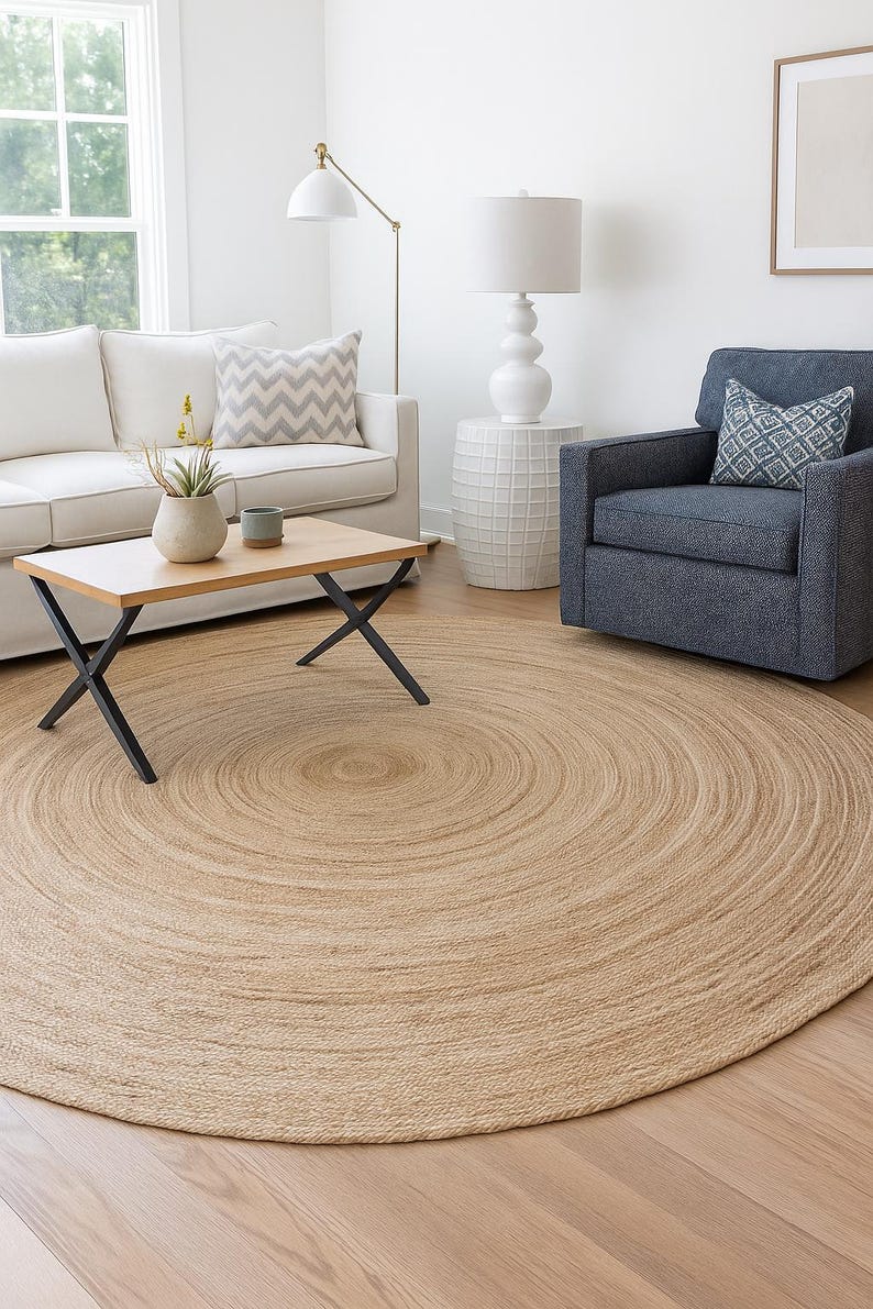 K&ouml;nnte beinhalten: Ein runder Jute-Teppich in Naturt&ouml;nen mit einem Spiralmuster steht im Vordergrund. Der Teppich liegt auf einem Holzboden in einem Wohnzimmer. Ein wei&szlig;es Sofa, ein Sessel und ein Couchtisch sind ebenfalls zu sehen.