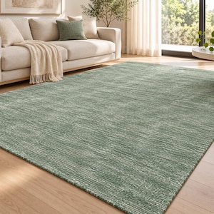 May include: A rectangular area rug featuring a textured, sage green surface with subtle horizontal striations and variations in color depth, creating a soft, woven appearance that covers the floor space in a living room setting.