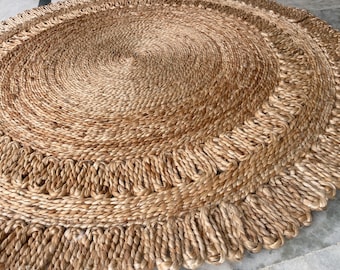 Handgefertigter runder Juteteppich | Geflochtene gewebte Naturfaser Boho Décor Flächenmatte