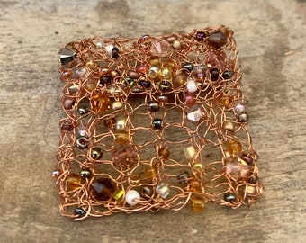 Handmade Knitted Wire & Swarovski Crystal Brooch, Copper Brooch, Wire Mesh Jewelry, Copper Jewellery, Mother's Day Gift, Art Jewellery