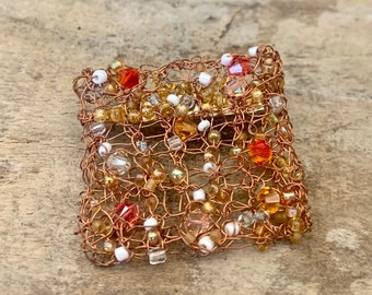 Handmade Knitted Wire & Swarovski Crystal Brooch, Copper Brooch, Wire Mesh Jewelry, Copper Jewellery, Mother's Day Gift, Art Jewellery