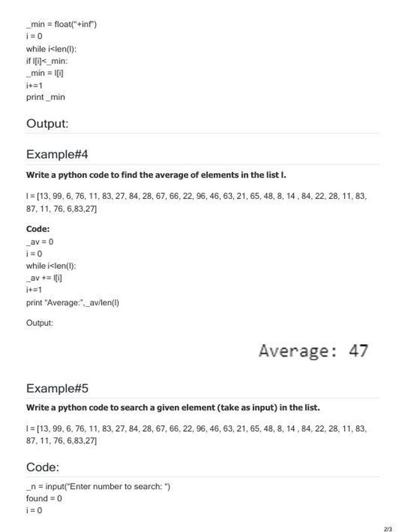Puede incluir: Una p&aacute;gina blanca con ejemplos de c&oacute;digo Python. El texto incluye fragmentos de c&oacute;digo para encontrar el promedio de una lista de n&uacute;meros y buscar un elemento dado. La salida muestra que el promedio es 47.