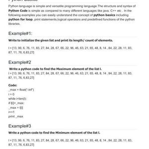 Op de afbeelding: Een witte pagina met de titel "Python Basics | Python Language" en voorbeelden van Python-code. De tekst legt de basisprincipes van Python uit, inclusief loops en print statements, met codefragmenten.