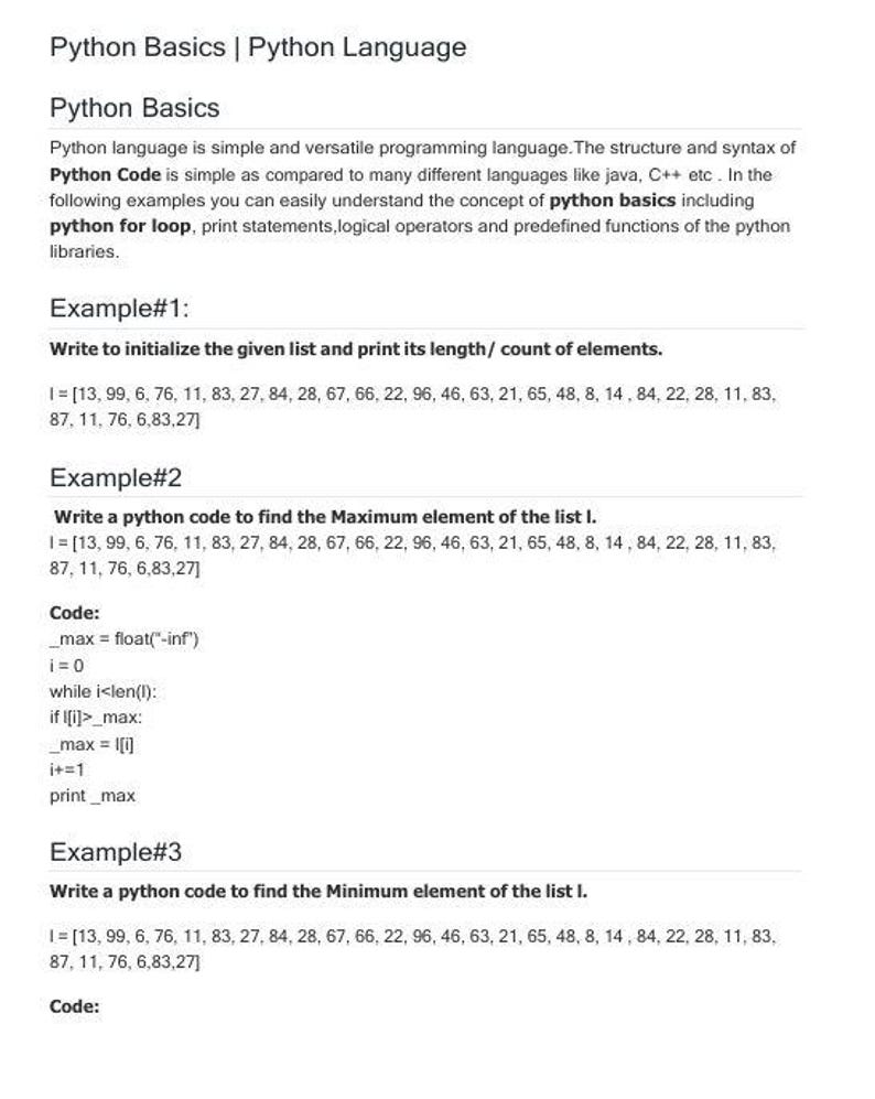 Puede incluir: Una p&aacute;gina blanca con el t&iacute;tulo "Python Basics | Python Language" y ejemplos de c&oacute;digo Python. El texto explica los conceptos b&aacute;sicos de Python, incluyendo bucles e instrucciones de impresi&oacute;n, con fragmentos de c&oacute;digo.