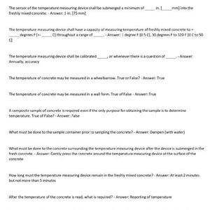 May include: A black and white document with the title "ACI Concrete Field Testing Technician - Grade I". The document contains a series of questions and answers related to concrete testing.
