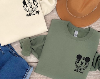 Mickey Minnie Name Embroidery Sweatshirt, Embroidered Mickey Mouse Sweater, Disney Trip Embroidered Hoodie, Embroidery Disney Vacation Gift