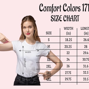 a woman posing for a size chart, with a pink background and a table of size measurements and corresponding widths.