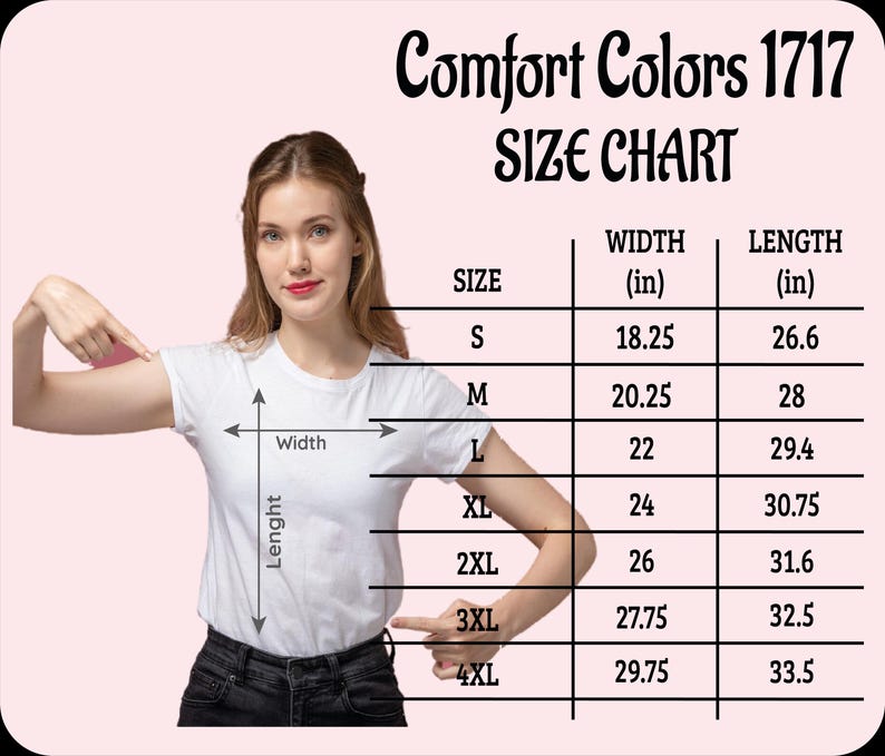 a woman posing for a size chart, with a pink background and a table of size measurements and corresponding widths.