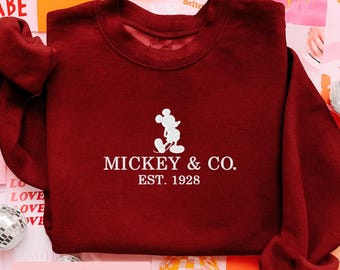 Embroidery Mickey & Co Est 1928 Sweatshirt, Embroidered Disney Mickey And Friends Sweater, Disney Inspired Embroidery Hoodie, Disneyland Tee