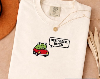 Funny Frog Embroidered Shirt, Beep Beep Meme Tee, Sarcastic Humor Embroidery, Cute Frog Driving Car Shirt