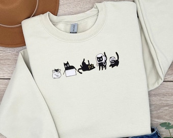 Embroidered Five Mood Cats Sweatshirt, Embroidery Cat Mom Sweater, Funny Cats Hoodie, Cat Lovers Sweatshirt, Cat Mom, Gift for Cat Owner