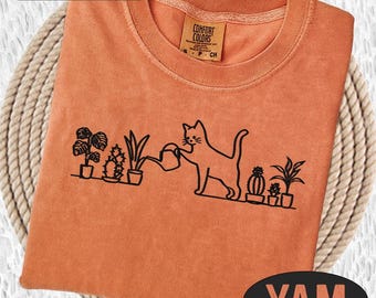 EMBROIDERED Cat and Plants Shirt, Cat Watering Plants Shirt, Gift for Cat Mom, Plant Lady T-shirt, Plant Lover Tee, Plant Lover Gift