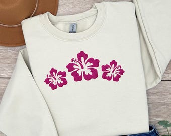 EMBROIDERED Hibiscus Flower Sweatshirt, Tropical Floral Embroidery Sweater, Boho Coastal Aesthetic, Hawaii Hoodie, Beach Shirt