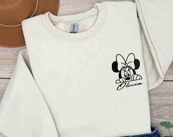 Minnie Name Embroidery Sweatshirt, Embroidered Minnie Mouse Sweater, Embroidery Disney Vacation Matching Tee, Disney Trip Embroidered Hoodie
