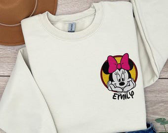 Minnie Name Embroidery Sweatshirt, Embroidered Minnie Mouse Sweater, Disney Trip Embroidered Hoodie, Disney Vacation Matching Gift