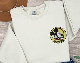 Mickey Name Embroidery Sweatshirt, Embroidered Mickey Mouse Sweater, Disney Trip Embroidered Hoodie, Embroidery Disney Vacation Sweater