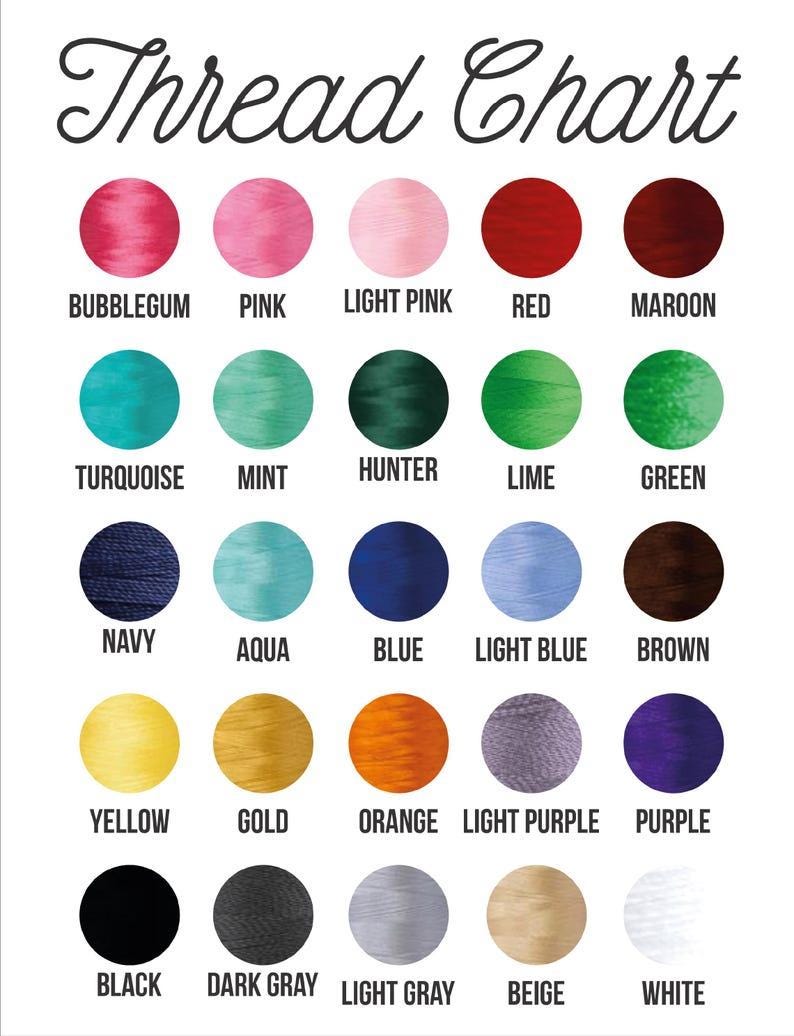 The image is a color chart that displays various thread colors, including bubblegum, pink, light pink, red, maroon, turquoise, mint, hunter, lime, green, navy, aqua, blue, light blue, brown, yellow, gold, orange, light purple, purple, yellow, black, dark gray, light gray, beige, white, and black.