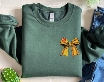 Embroidered Softball Coquette Bow Sweatshirt, Custom Softball Sweater, Softball Game Day Hoodie, Embroidery Softball Bow Sweatshirt