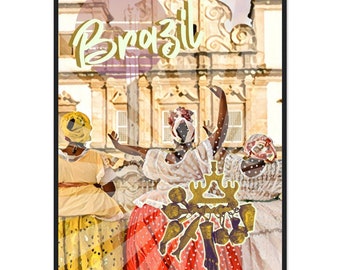 Brazil Vintage style Wooden Framed Poster, Brazil Travel Poster, Three Brazilian Women In a Carnival Mood
