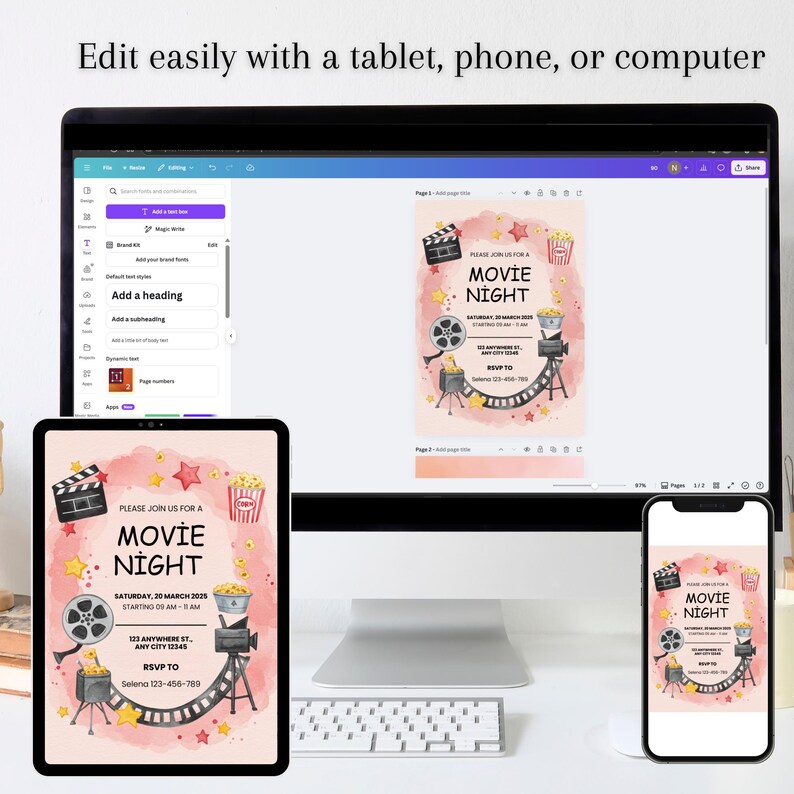 Editable Movie Night Invitation, Digital Download, Customizable Party ...