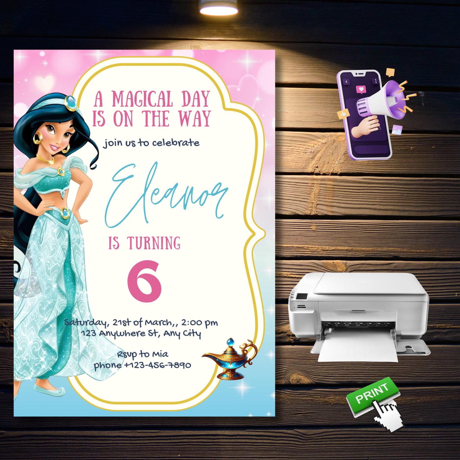 Editable Princess Jasmine Birthday Invitation | Magical Aladdin Party ...