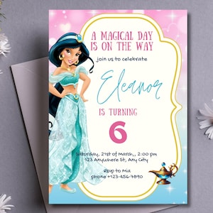 May include: A birthday invitation featuring a cartoon illustration of a princess in a teal outfit. The invitation includes the text "A Magical Day Is On The Way" and details for a party celebrating Eleanor's 6th birthday.