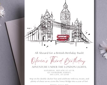 Invito di compleanno modificabile a Londra / Download digitale per festa britannica / Invito stampabile per bambini con autobus rosso e Big Ben / Tema personalizzabile del Regno Unito 38