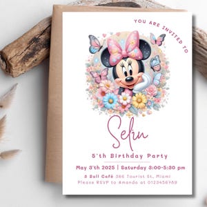 Invito di compleanno di Minnie modificabile, invito per festa con fiocco rosa, download digitale, compleanno per bambini personalizzabile, modello stampabile 5x7 13