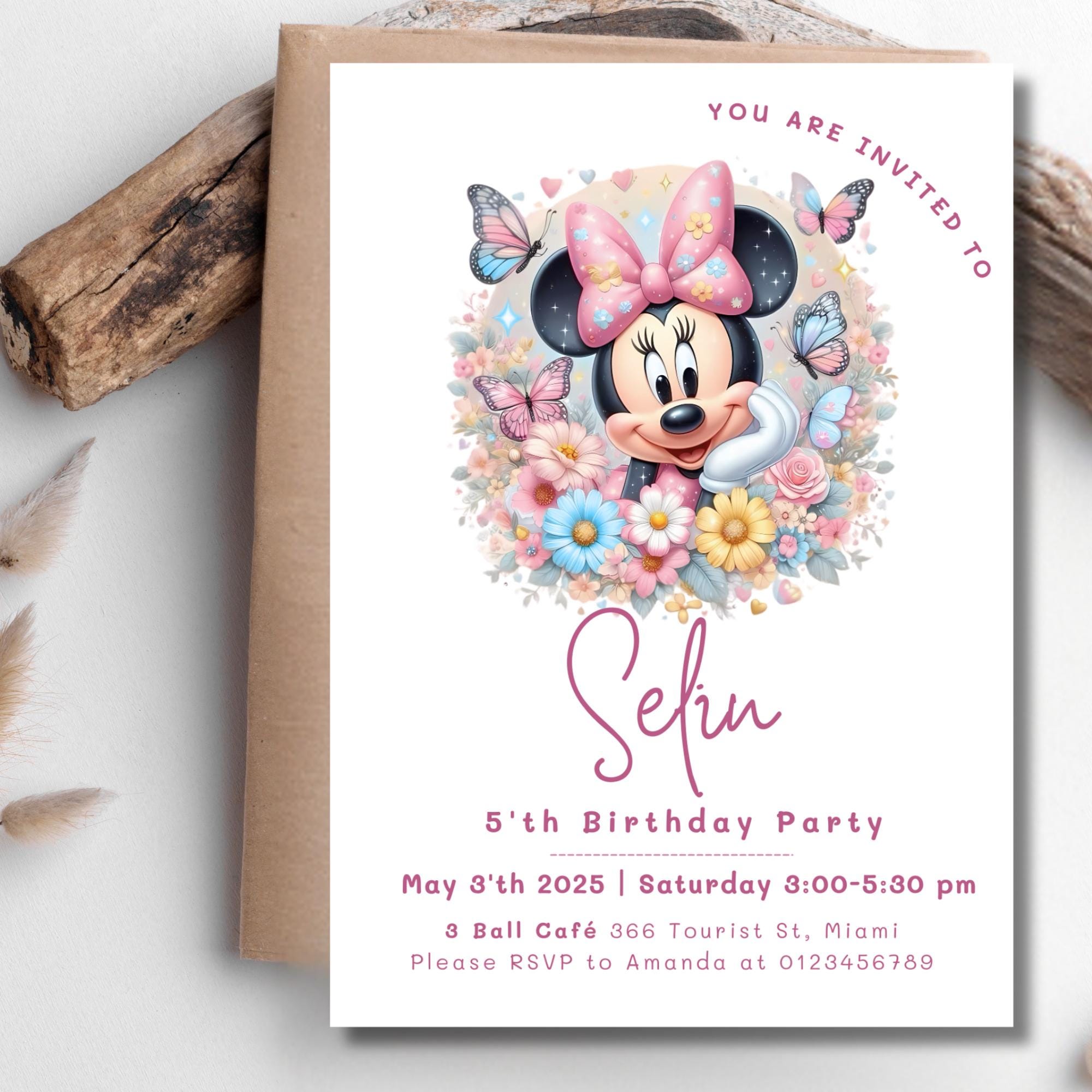 Invito di compleanno di Minnie modificabile, invito per festa con fiocco rosa, download digitale, compleanno per bambini personalizzabile, modello stampabile 5x7 13