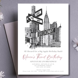 Redigerbar födelsedagsinbjudan till New York Broadway | Digital nedladdning | Utskrivbar NYC City Party | Anpassad mall för barninbjudningar till Big Apple 42