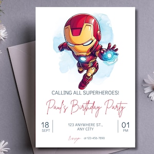 May include: A birthday party invitation with a cartoon Iron Man illustration. The invitation is white with red and gold details, and includes the text "CALLING ALL SUPERHEROES!" and "Paul's Birthday Party". The date and time are also included.