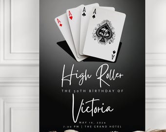 Könnte beinhalten: Eine schwarz-weiße Einladung mit Spielkarten und dem Text "High Roller" für einen 50. Geburtstag. Die Einladung enthält den Namen "Victoria" und Veranstaltungsdetails.