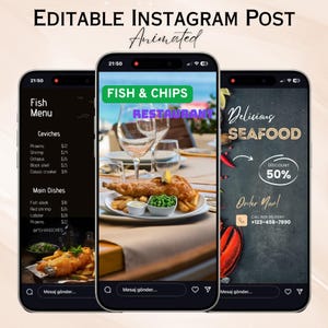 Könnte beinhalten: Drei Smartphone-Bildschirme mit Instagram-Posts zum Thema Restaurant. Einer zeigt eine Fischkarte mit Preisen, ein anderer Fish and Chips und der dritte wirbt mit 50 % Rabatt für Meeresfrüchte. Der Text "EDITABLE INSTAGRAM POST Animated" steht oben.