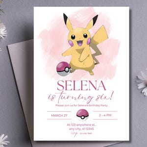 Faire-part d'anniversaire Pokémon modifiable, invitation de fête Pikachu, téléchargement numérique, carte d'anniversaire enfant personnalisable, fond rose 20