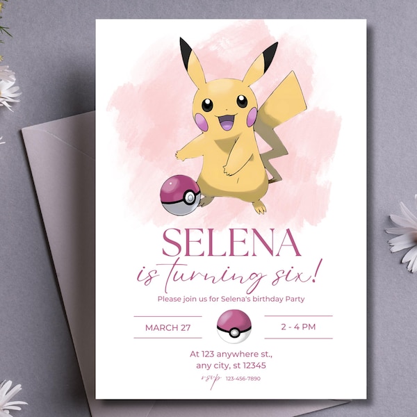 Editable Pokemon Birthday Invitation, Pikachu Party Invite, Digital Download, Customizable Kids Birthday Card, Pink background 20