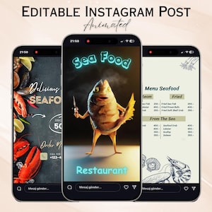 May include: Three smartphone screens displaying seafood restaurant promotional content. The center screen features a cartoon fish holding a knife, with "Sea Food Restaurant" text. The other screens show menu items and seafood dishes.