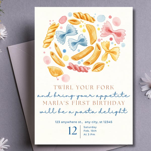 Editable Pasta Birthday Invitation | Watercolor First Birthday Party | Printable Italian Food Theme Invite | Custom Kids Birthday Card 83