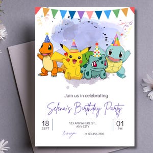 Invito di compleanno Pokemon modificabile / Download digitale / Invito per festa bambini / Modello stampabile Pikachu Charmander Squirtle Bulbasaur 31