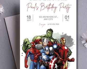 Invito di compleanno modificabile per supereroi, download digitale, invito per festa a tema Avengers, modello stampabile personalizzato 91
