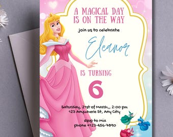 Bewerkbare prinses verjaardagsuitnodiging | Digitale download Doornroosje | Magisch roze feest afdrukbaar | Aangepaste Aurora-uitnodigingssjabloon 39