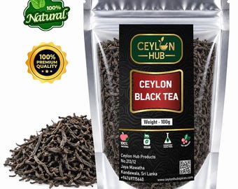 May include: A silver stand-up pouch of Ceylon black tea with a black label featuring the text Ceylon Hub, Ceylon Black Tea, and Weight - 100g. A pile of loose dark tea leaves sits to the left. The label includes icons for natural, vegan, and organic.